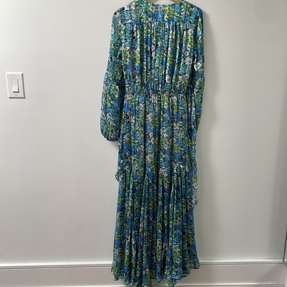 Elliatt Revolve Claude Ruffled Satin Maxi Dress Floral High Low hem Blue Small S - Picture 9 of 13